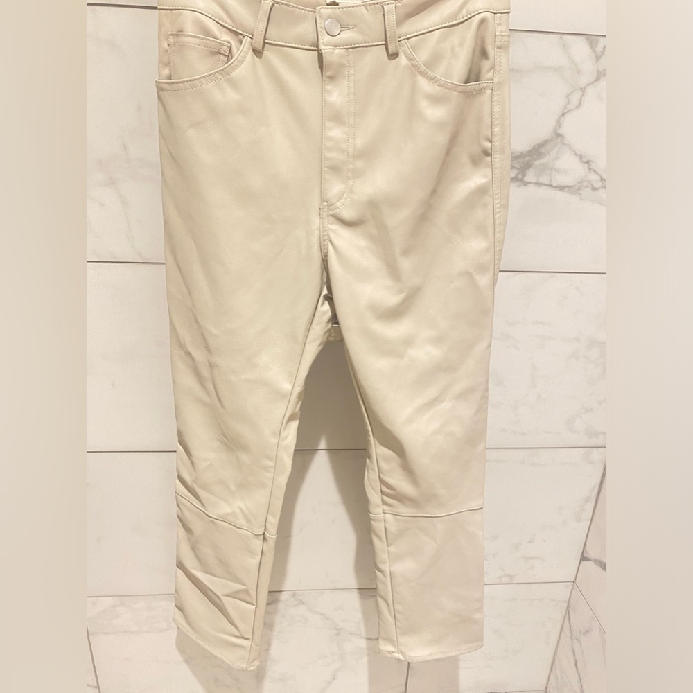 H&M Ivory Faux Leather Fleece Lined Pants Cream size 8 High Waist Ankle length